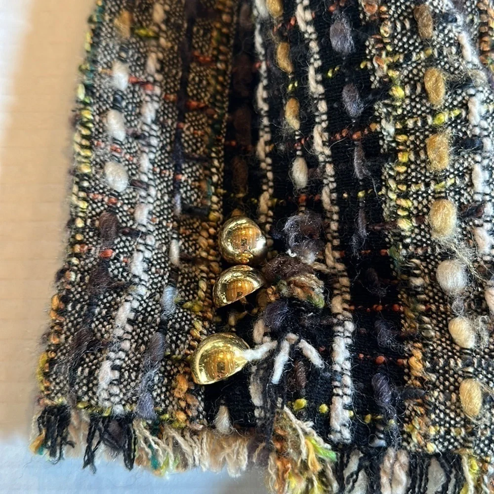 CAbi quarter length frayed 30%wool jacket multicolored in small w gold buttons - Picture 10 of 12